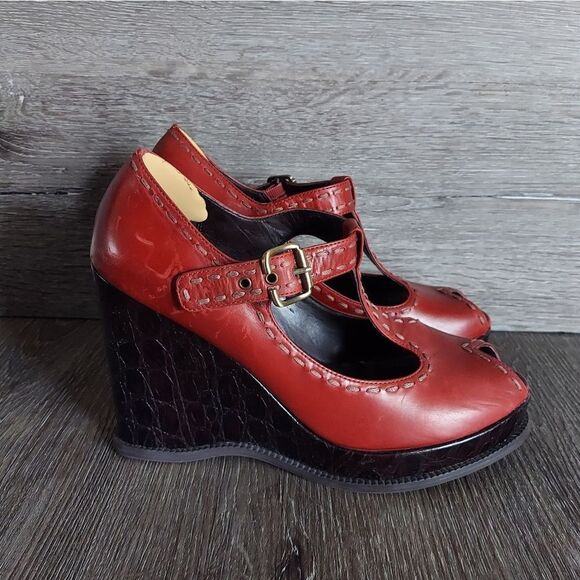 Red Linea Paolo Wedge Peep Toe Mary Janes Size 8 - Picture 2 of 7